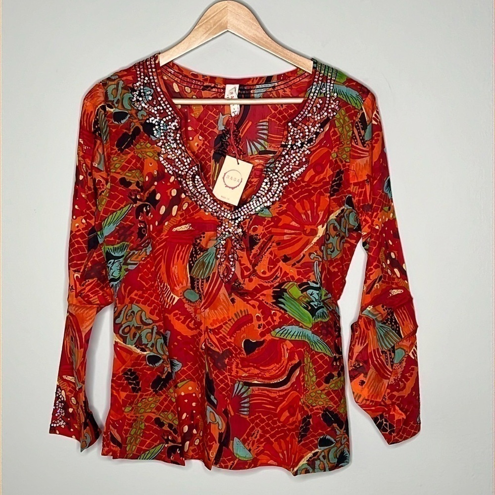 RAGA Red Multi-Color Beaded V-Neck Blouse